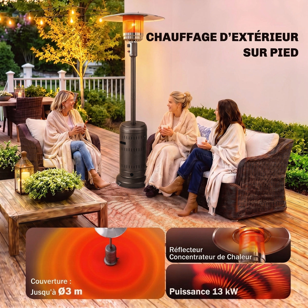 Chauffage Extérieur Terrasse Portable 13 kW, Niveaux de Chauffe Réglables, Anti-Basculement, 82x82x223cm, Marron Foncé-3