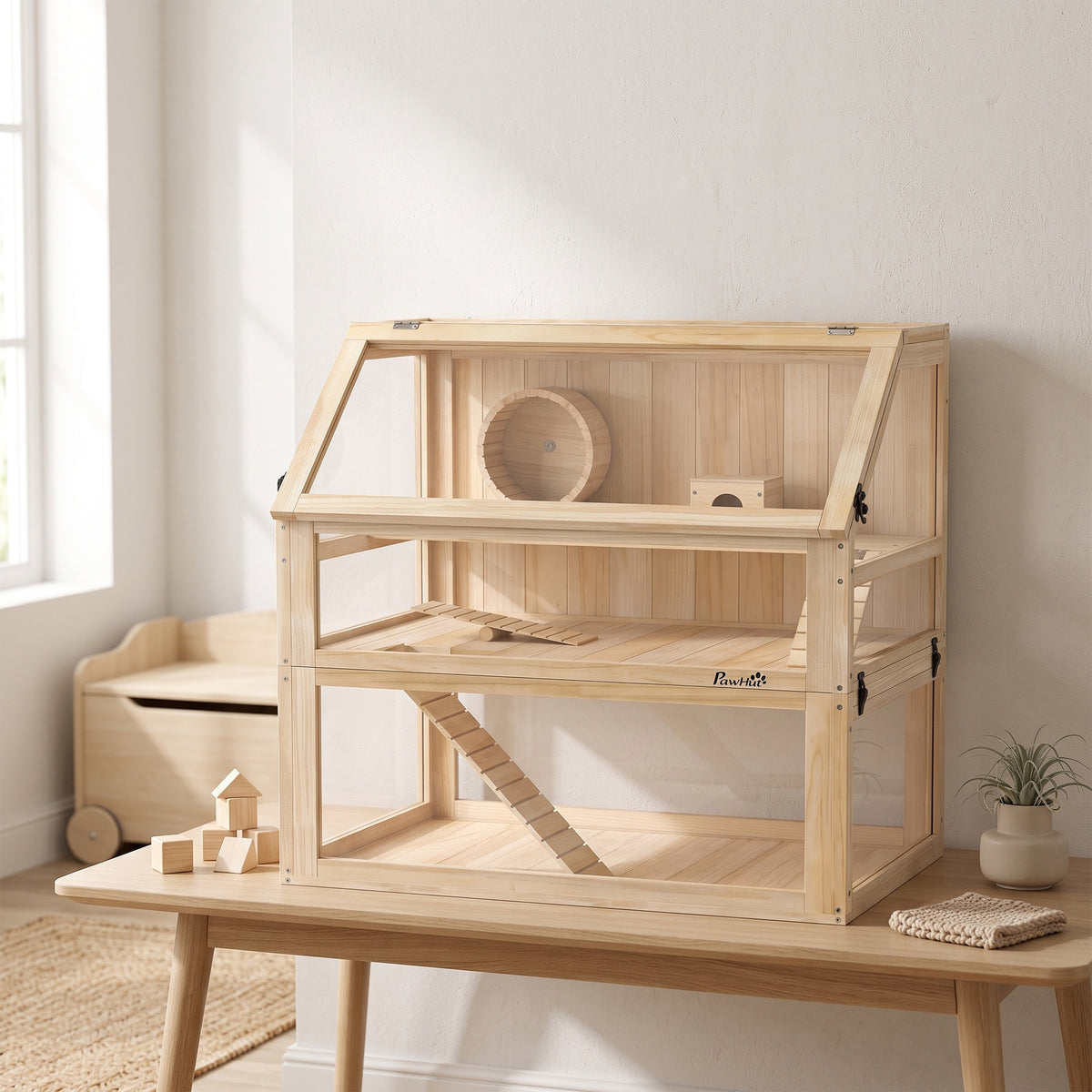 Cage hamster rongeur à 3 niveaux fond amovible de 31 cm de profondeur cabane balançoire 80x50x76cm finition bois naturel-1