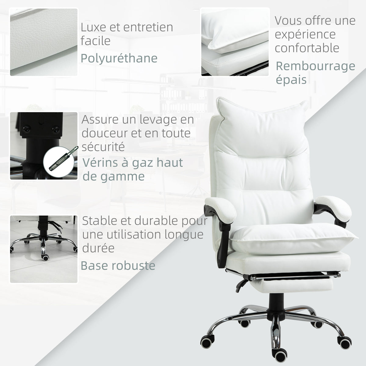 Fauteuil de bureau, chaise bureau ergonomique avec dossier inclinable, hauteur réglable, 66 x 72 x 130 cm, blanc-6