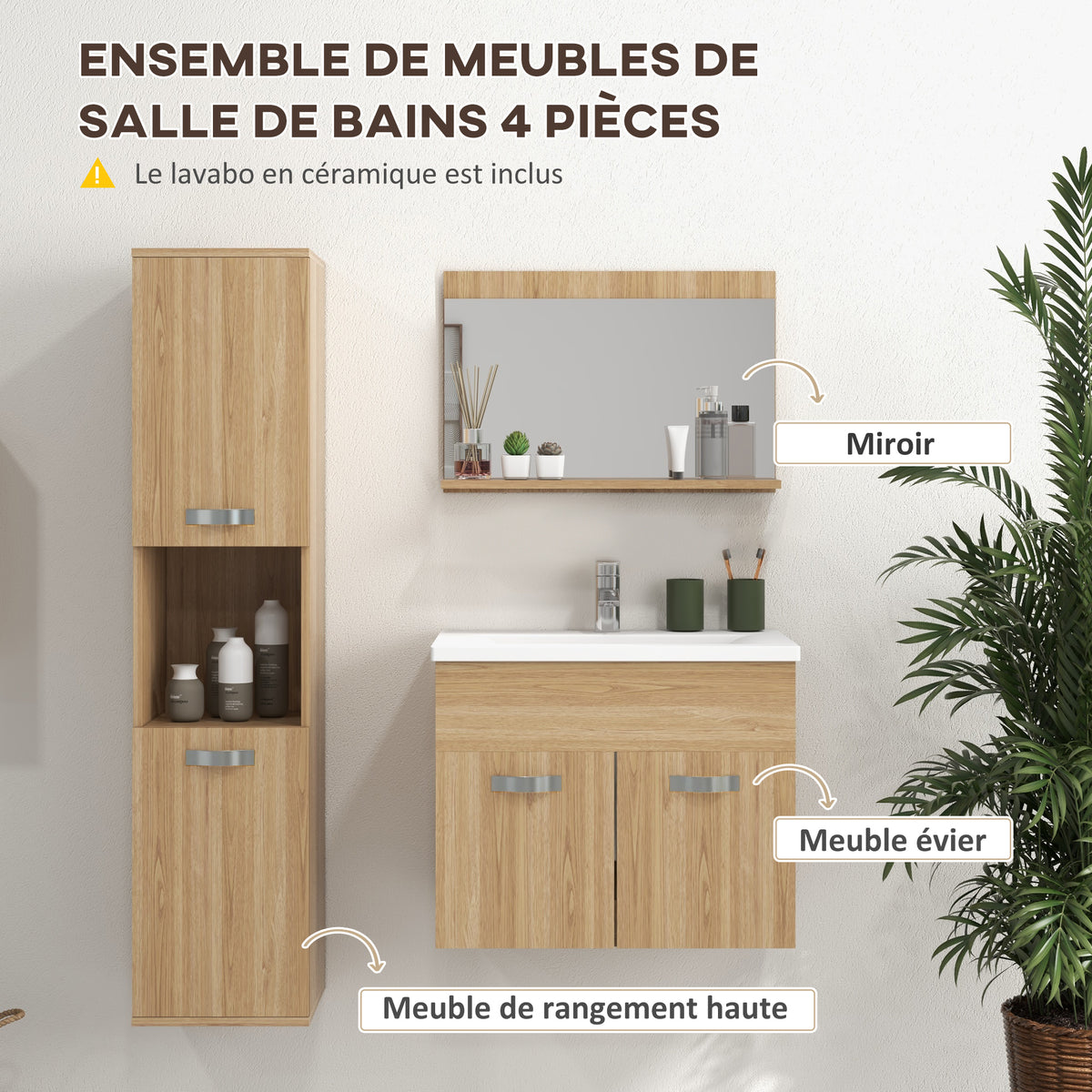 Ensemble de Meubles de Salle de Bain 4 Pièces, Mural, avec Miroir, Meuble sous Vasque, Lavabo et Armoire Haute, Naturel-3