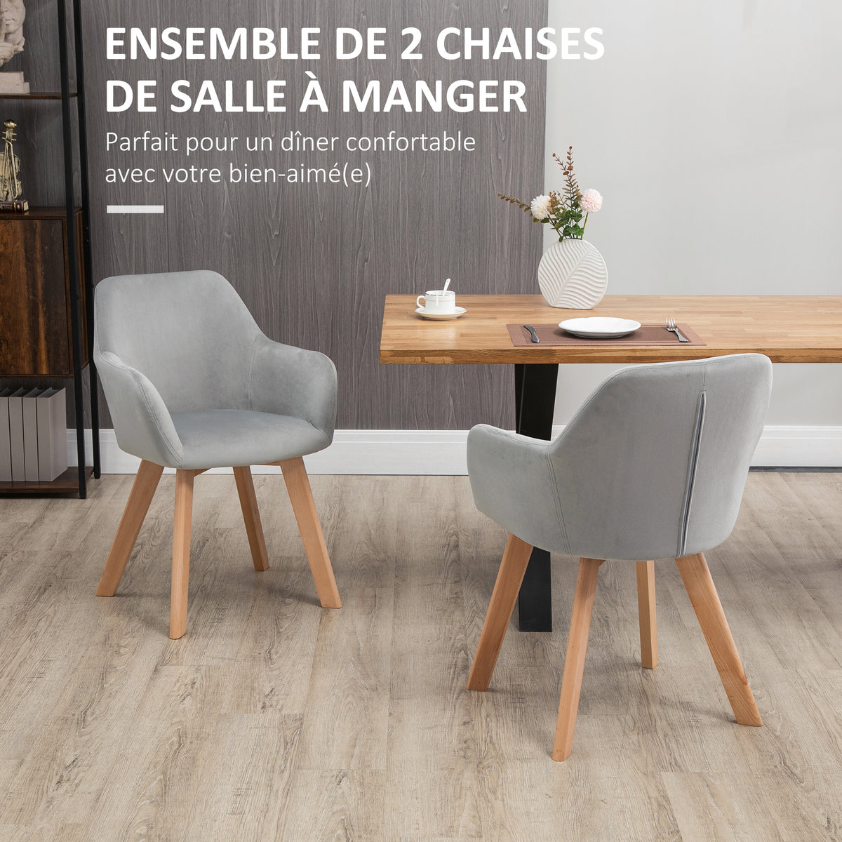 Lot de 2 chaises de salle à manger Fauteuil Assise rembourrée en tissu effet velours Pieds en bois, gris-3