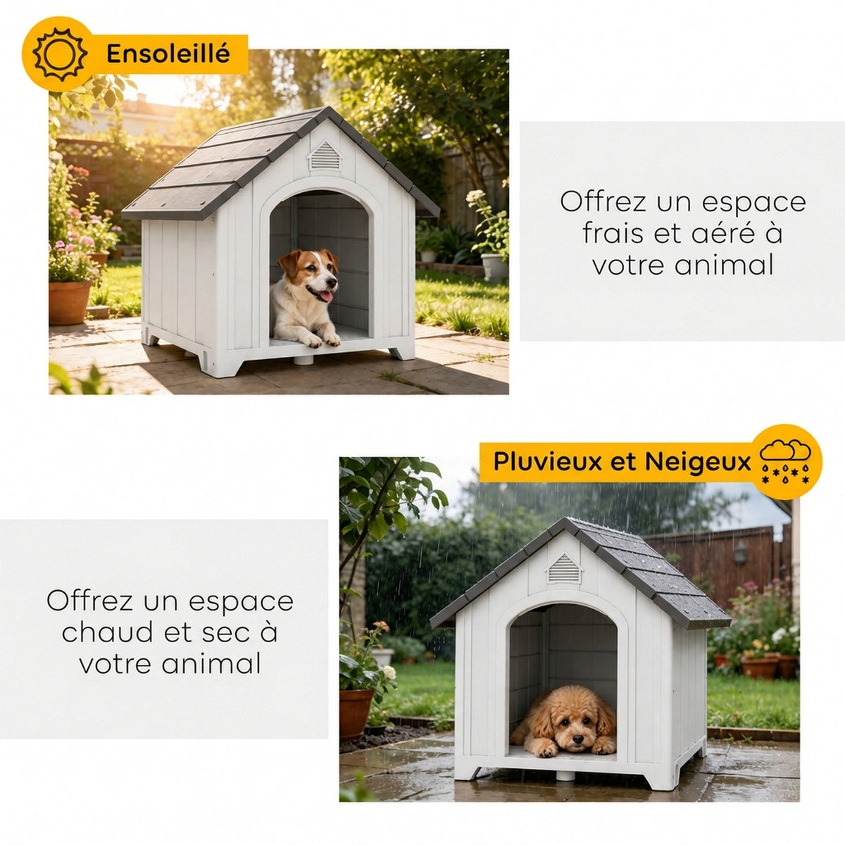 Niche pour chien extérieur, maison chien en polypropylène imperméable ventilé plancher surélevé 66x55x65cm gris clair-5