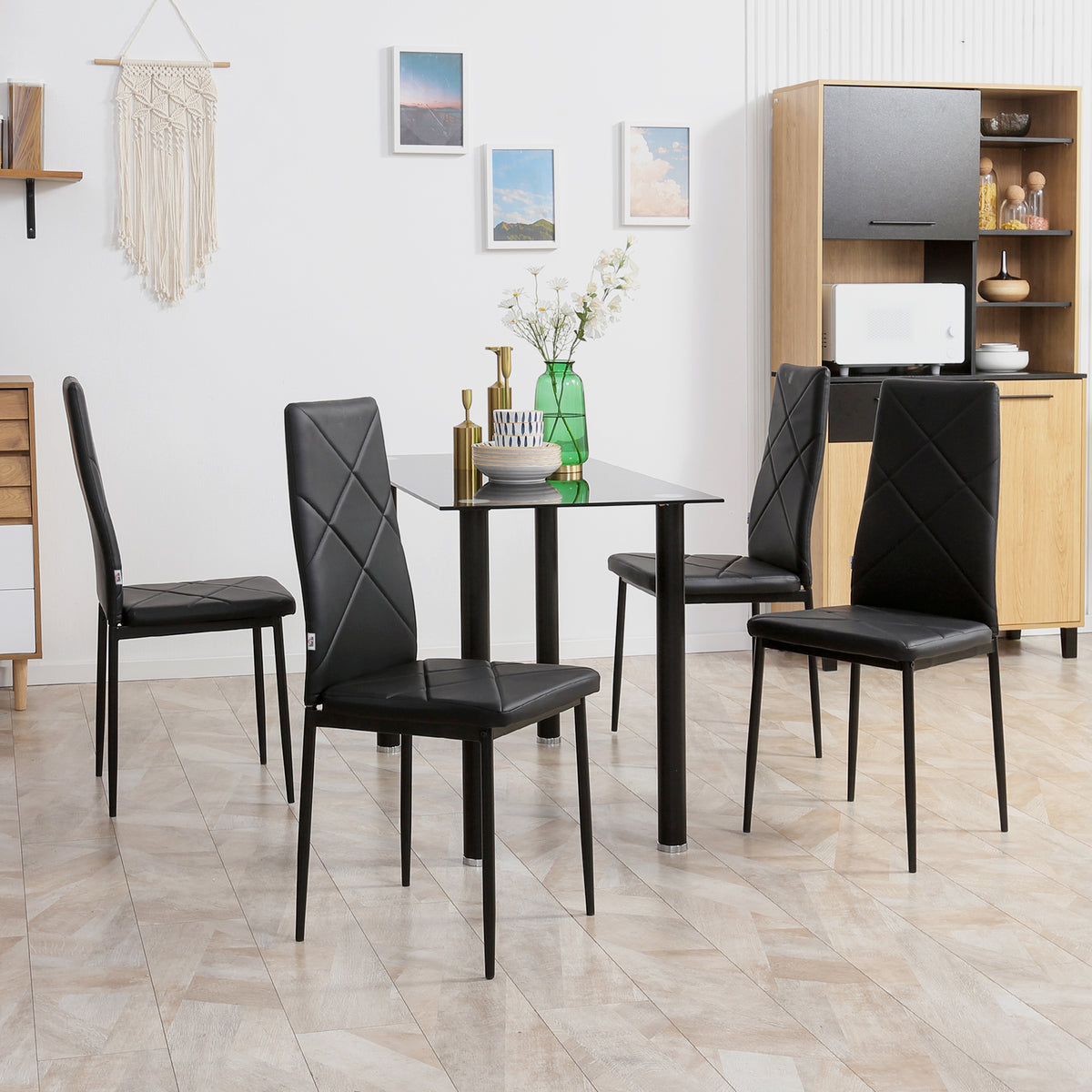 Lot de 4 chaises de salle à manger avec dossier haut, revêtement synthétique et pieds en acier, noir-9