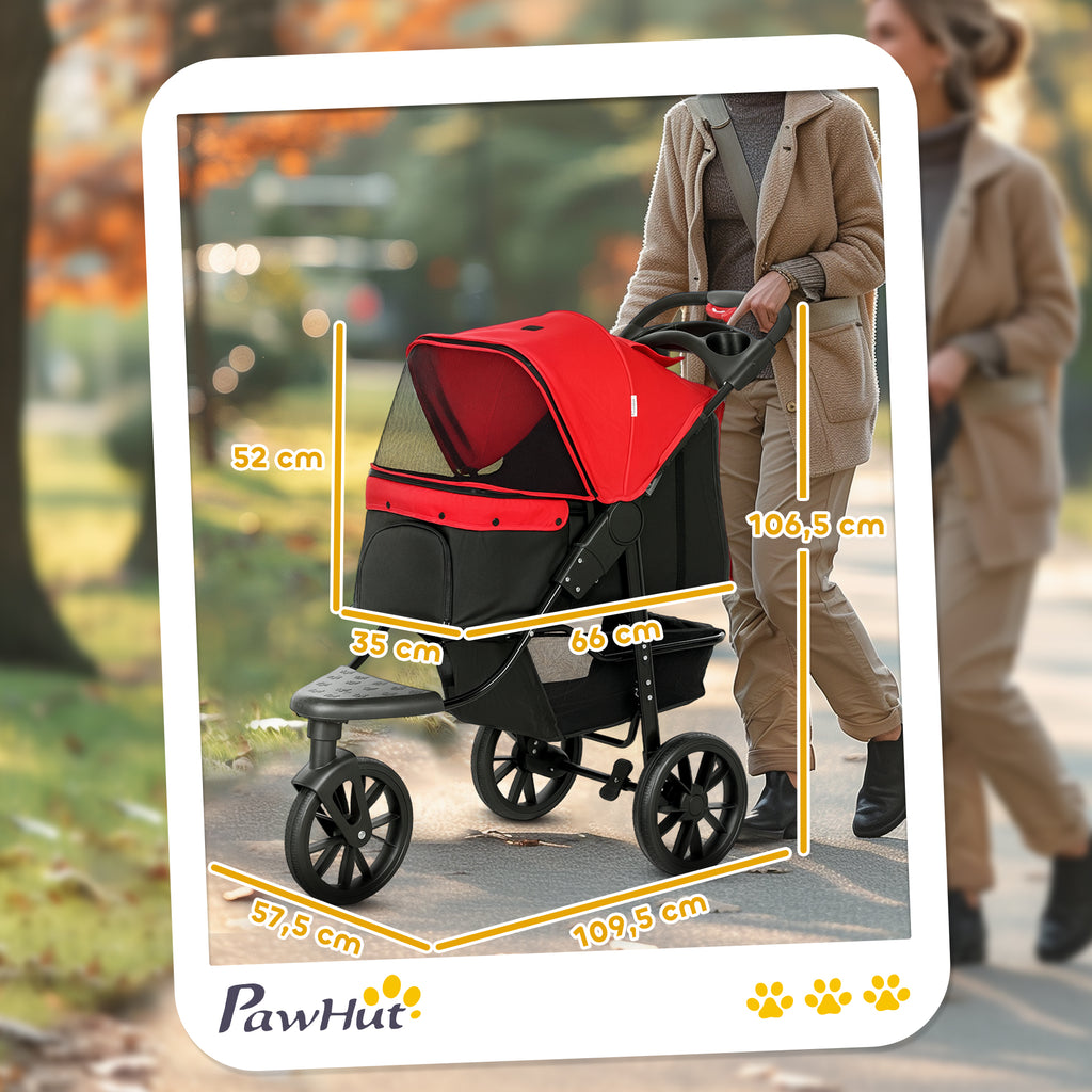 Poussette pour chien chariot pliable 3 roues tout-terrain EVA 12" auvent ajustable 2 laisses 109,5x57,5x106,5cm rouge-2
