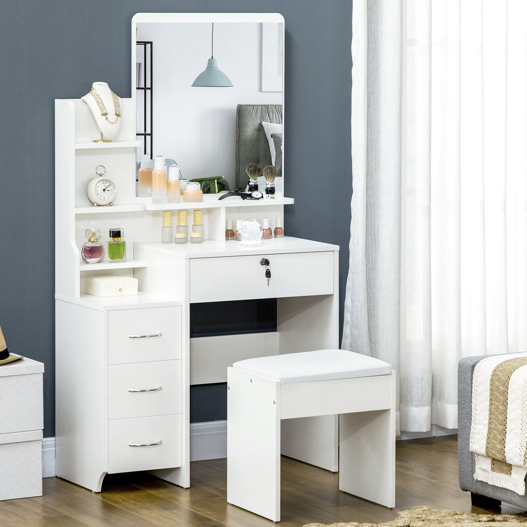 Ensemble de coiffeuse avec tabouret rembourré grand miroir + plusieurs étagères ouvertes + 4 tiroirs blanc-1