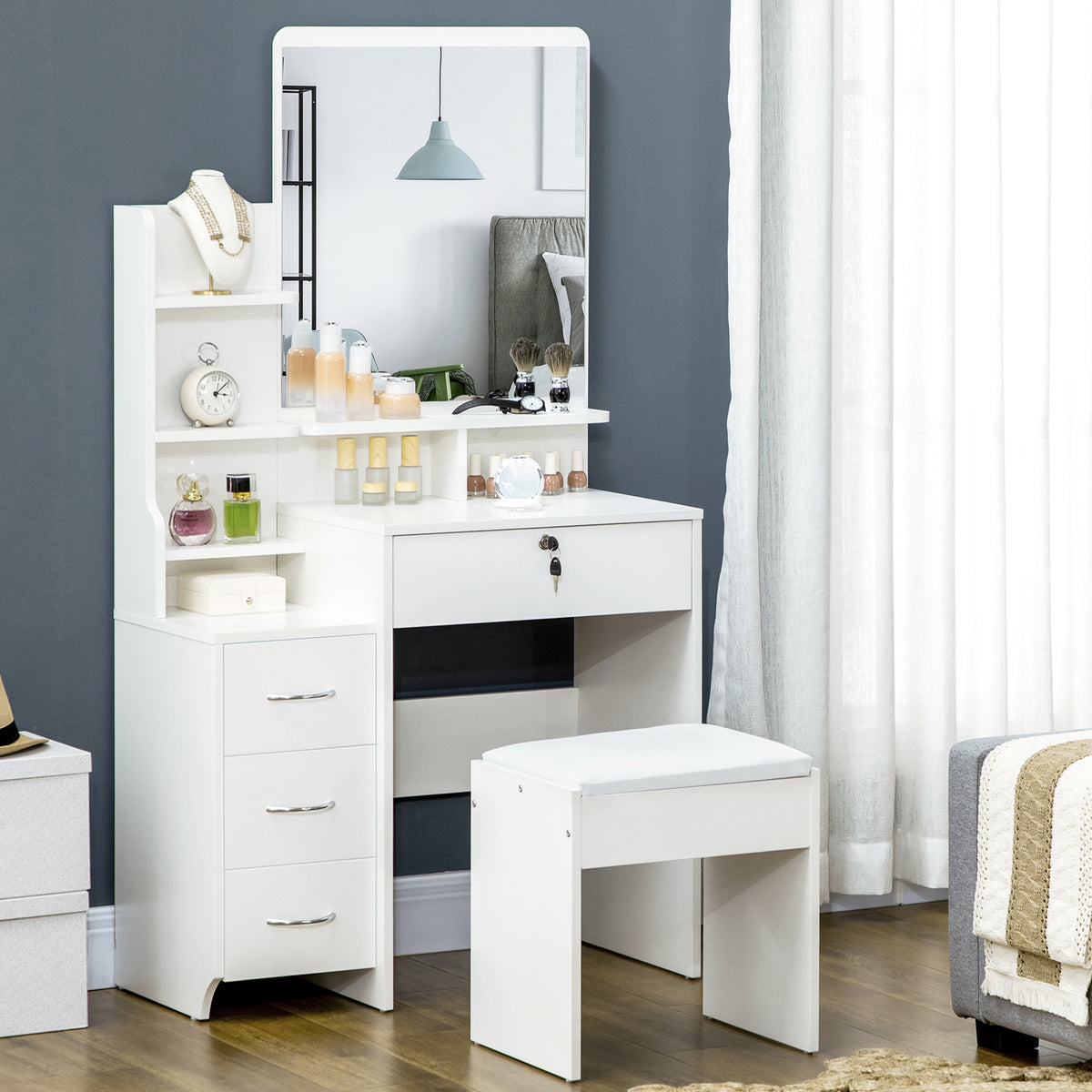 Ensemble de coiffeuse avec tabouret rembourré grand miroir + plusieurs étagères ouvertes + 4 tiroirs blanc-1