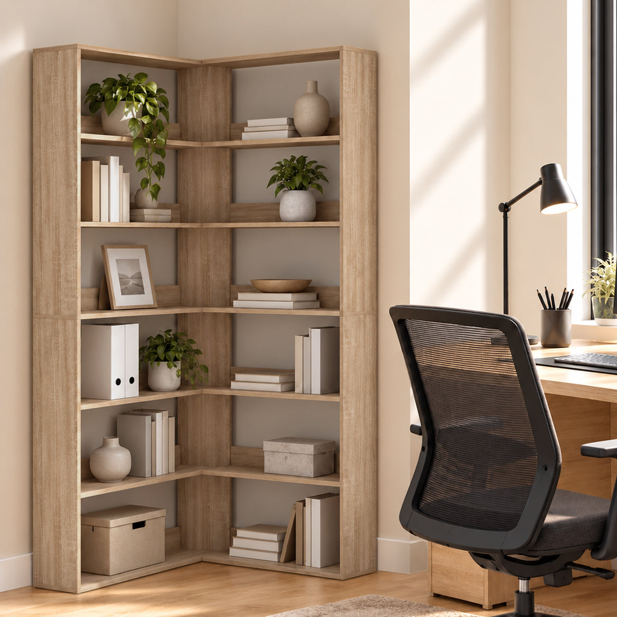 Bibliothèque d'Angle 7 Niveaux, Étagère de Rangement en Forme L avec Rebords Arrière Anti-Chute, Effet Bois Naturel-3