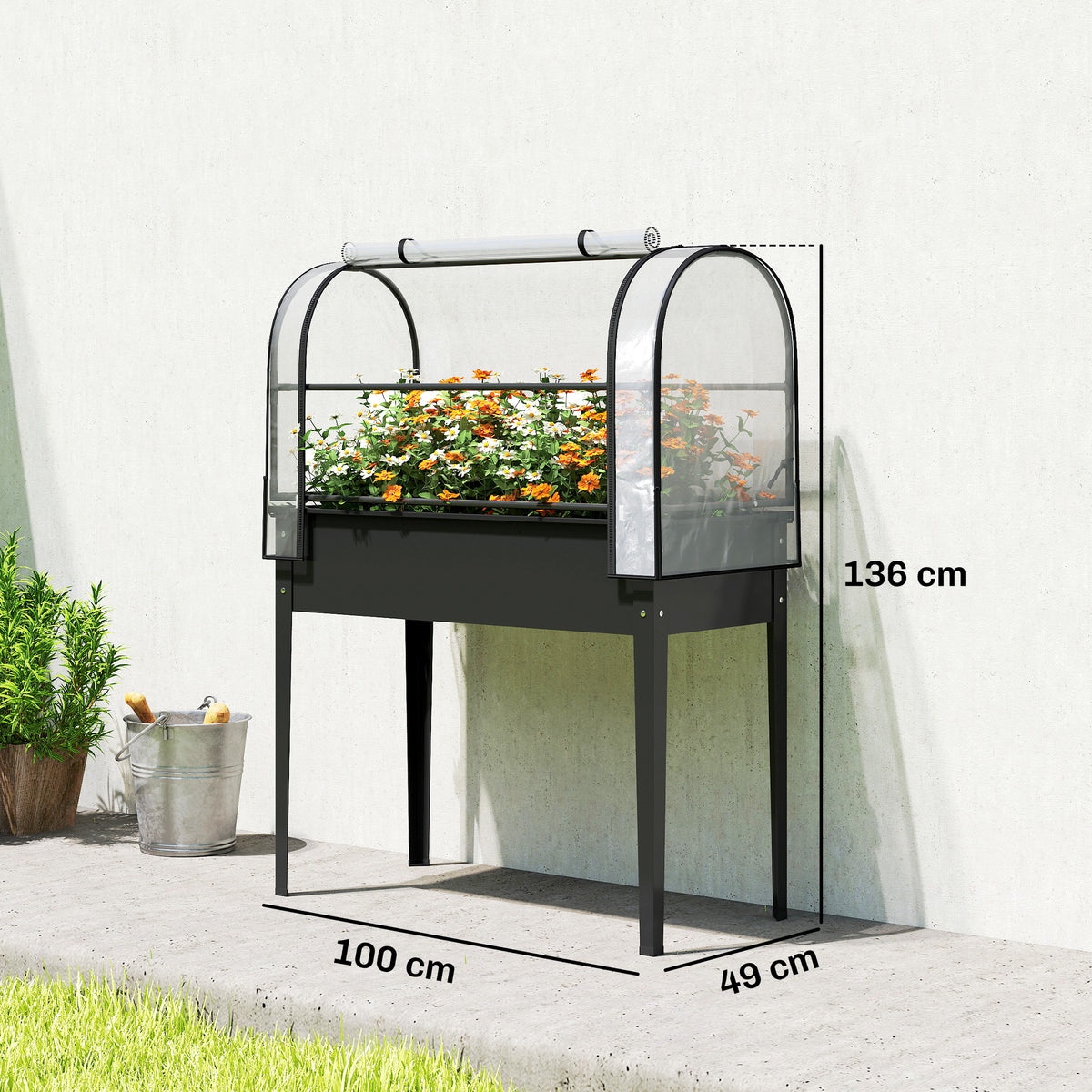 Potager sur Pieds avec Serre Rabattable, Jardinière Surélevée en Métal avec Trou de Drainage, 100 x 49 x 136 noir-2