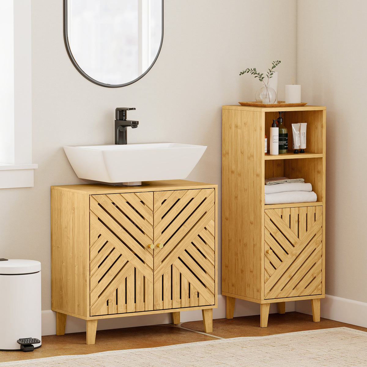 Meuble sous lavabo, meuble de salle de bain en bambou avec étagère réglable et portes à lattes 60 x 30 x 60 cm, naturel-1