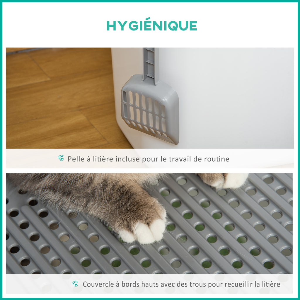 Maison de toilette Bac à litière pour chat double porte battante et supérieure, pelle fourni, 44L x 55l x 39H cm, blanc-3