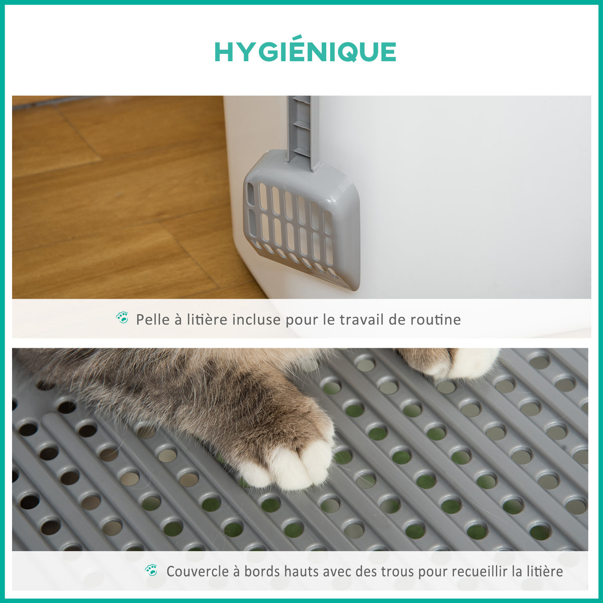 Maison de toilette Bac à litière pour chat double porte battante et supérieure, pelle fourni, 44L x 55l x 39H cm, blanc-3