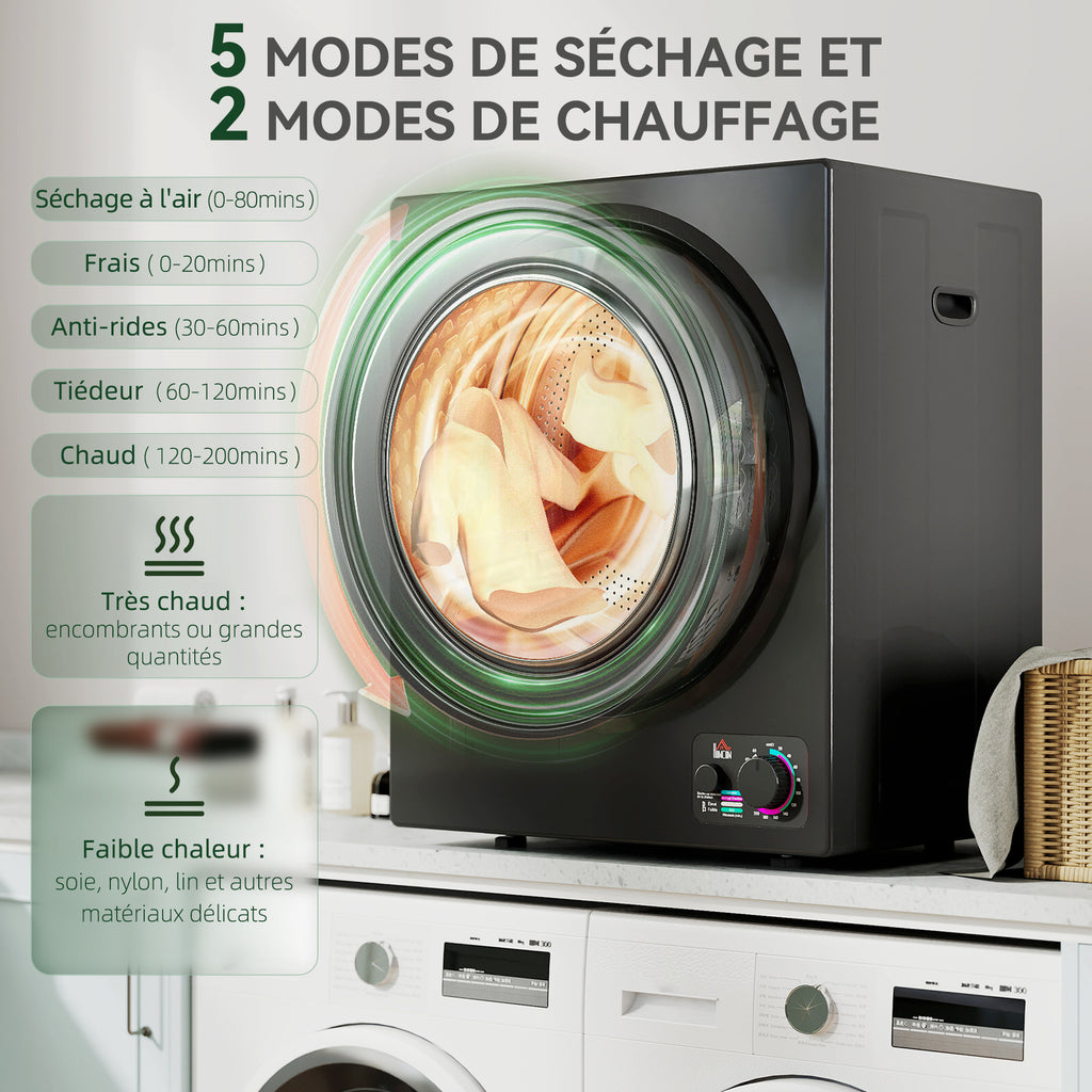 Sèche-linge électrique portable 850W, capacité 33L 4 modes de fonctionnement, acier inoxydable, 49 x 40,5 x 60 cm, noir-3