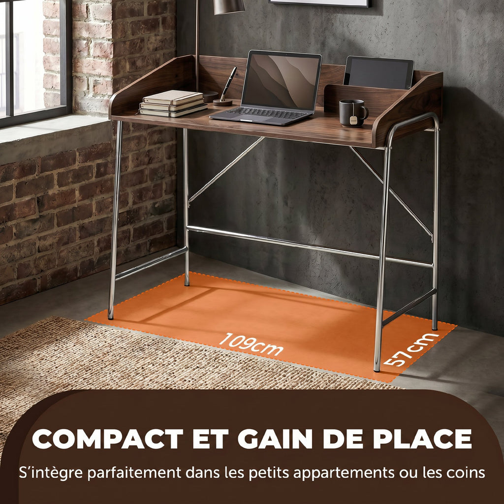 Bureau, bureau d'ordinateur 109 cm avec rebord de sécurité et structure en métal, noyer-5