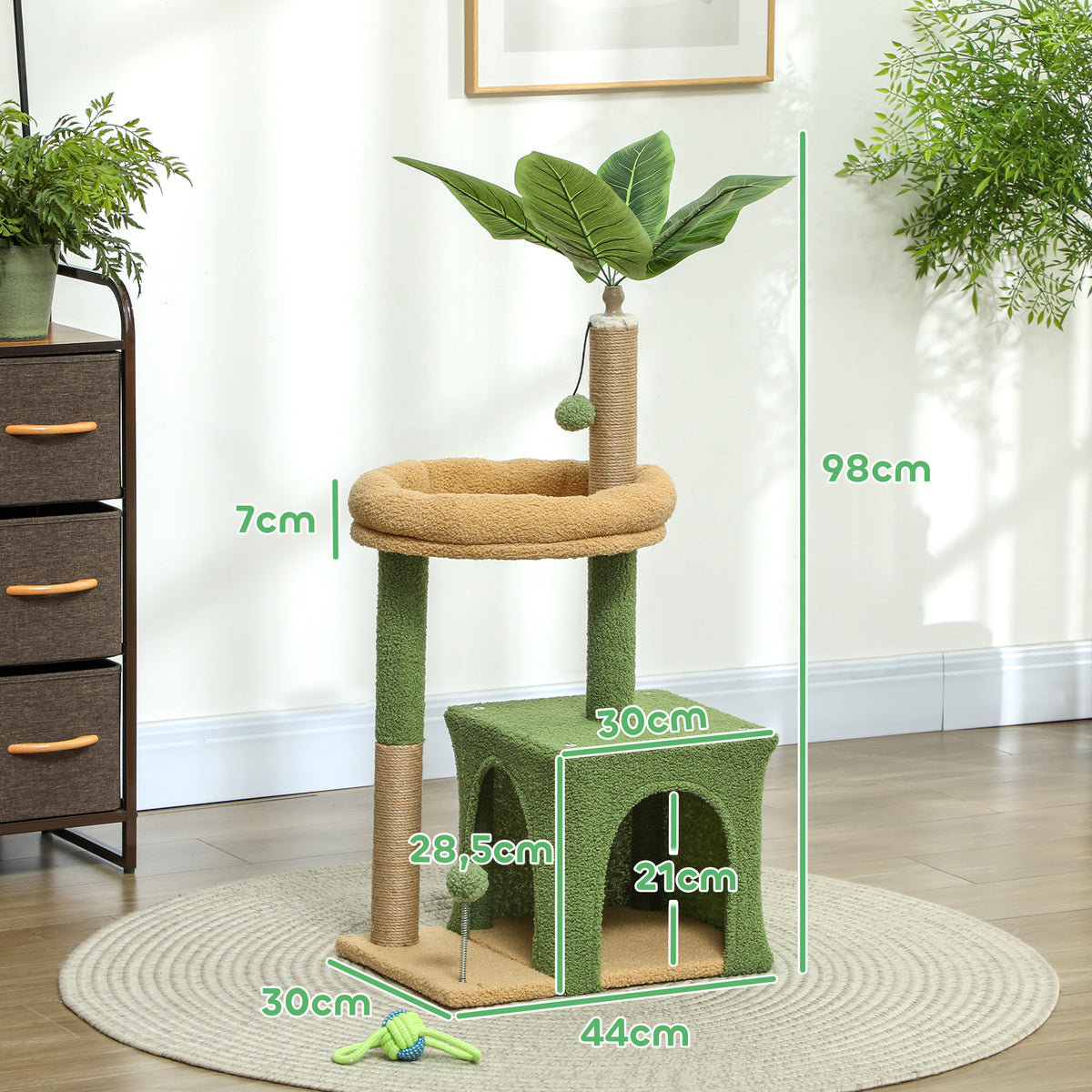 Arbre à chat tour de jeux pour chat avec niche lit griffoirs balles et feuilles artificielles 44 x 30 x 98 cm vert-2