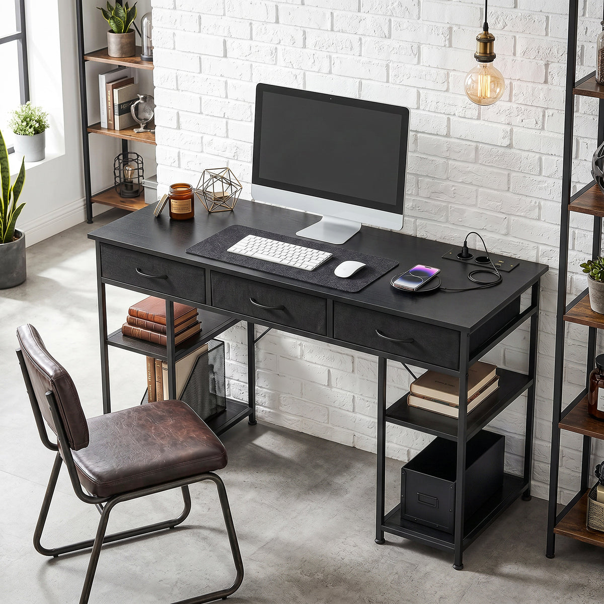 Bureau avec rangement avec prises de courant, 3 tiroirs en tissu et 4 étagères de rangement, 120 x 40 x 76 cm, noir-1