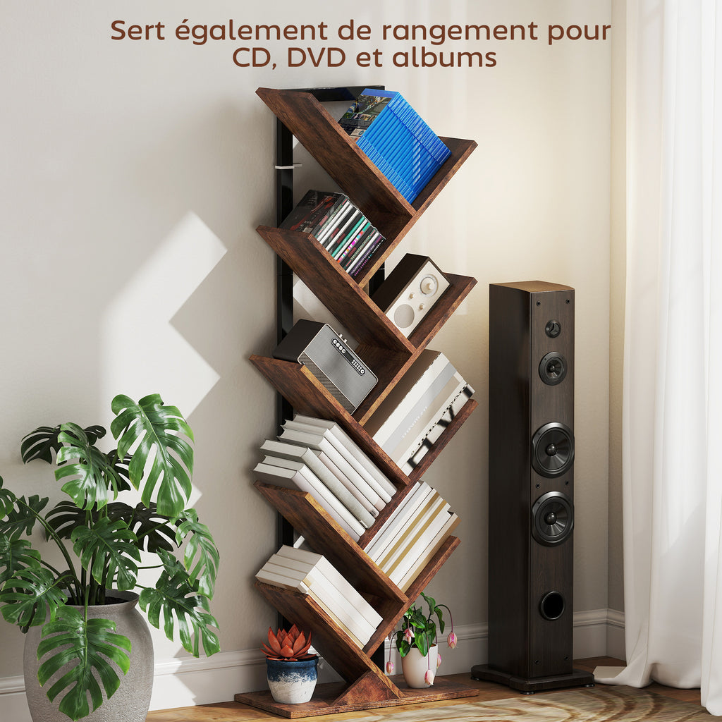 Bibliothèque Arbre à 9 Niveaux, Meuble de Rangement Industriel avec Cadre en Acier, 50x24x136cm, Brun Rustique-5