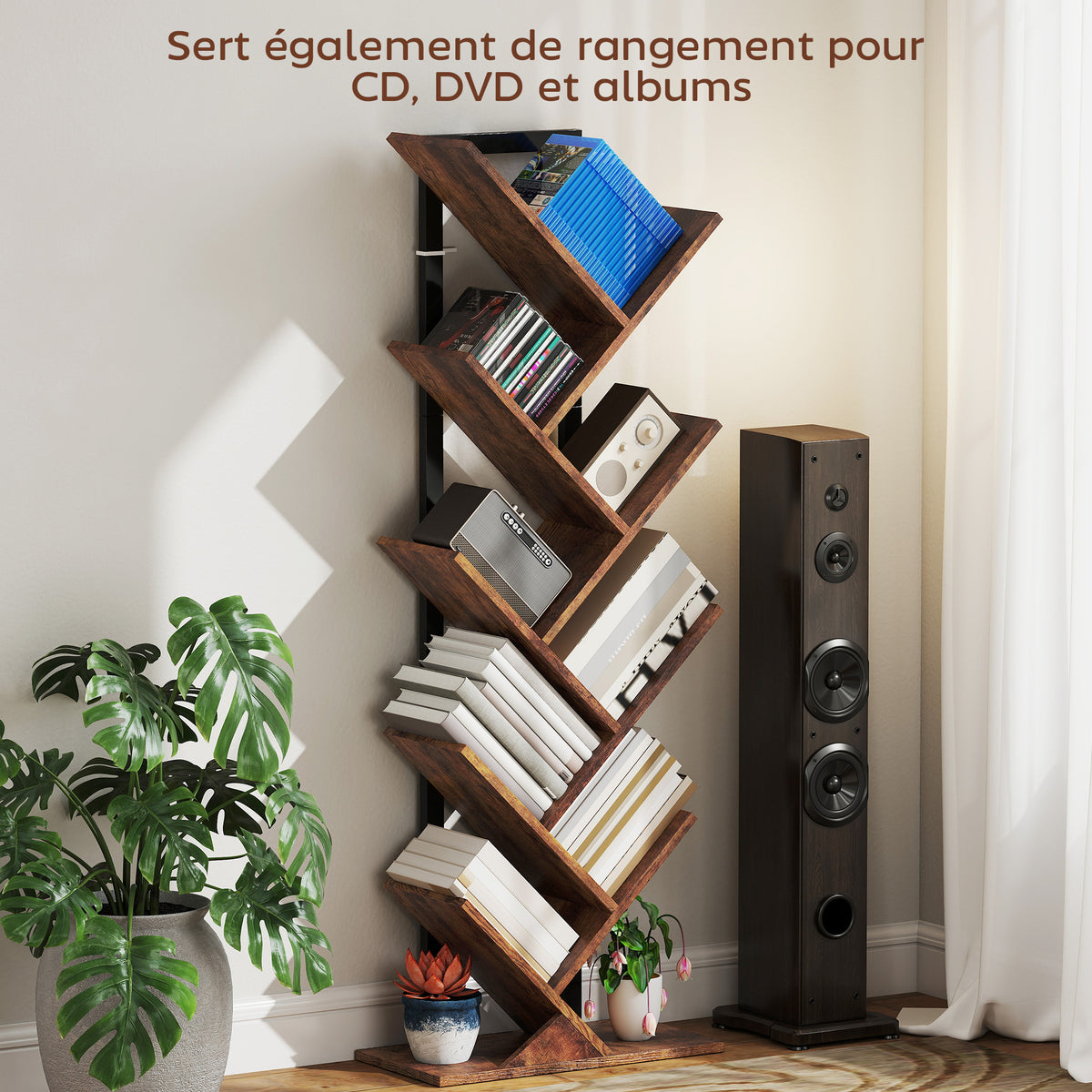 Bibliothèque Arbre à 9 Niveaux, Meuble de Rangement Industriel avec Cadre en Acier, 50x24x136cm, Brun Rustique-5