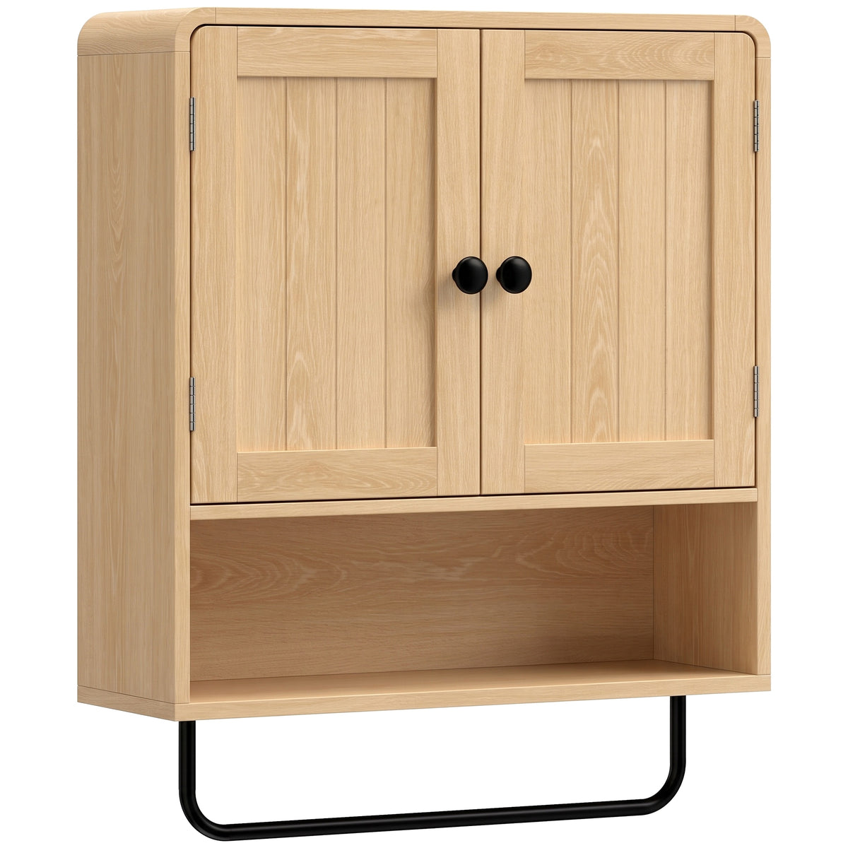 Armoire murale de salle de bain, meuble de rangement suspendu avec 2 portes, étagère ouverte, porte-serviettes, chêne-0