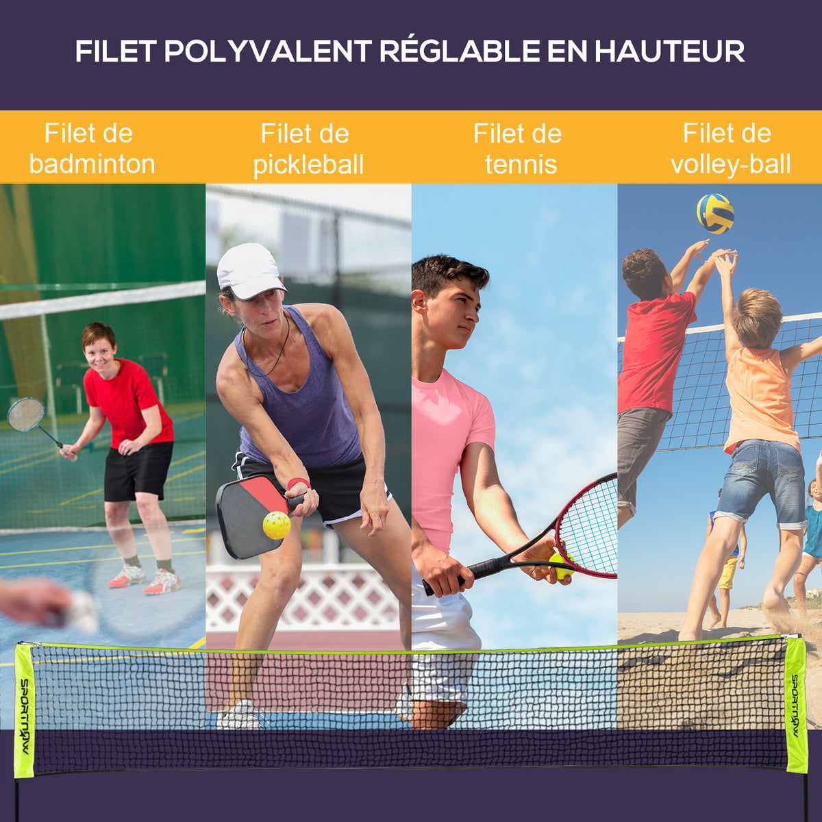 Filet de badminton, filet portable, hauteur ajustable 107-155 cm, avec sac de transport, cadre métallique, noir, jaune-3