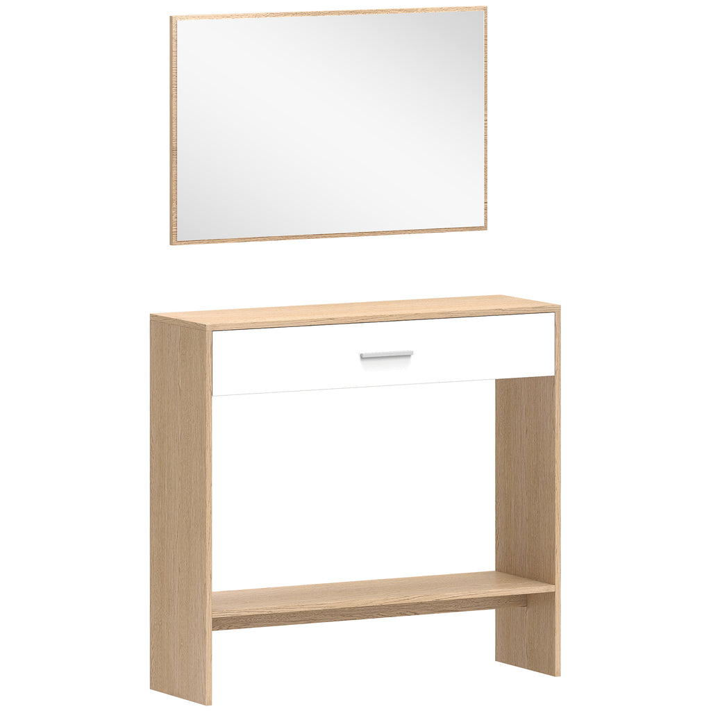 Console meuble + miroir, table console étroite avec tiroir et étagère, style moderne, 91,5 x 27,9 x 85,5 cm, chêne-0