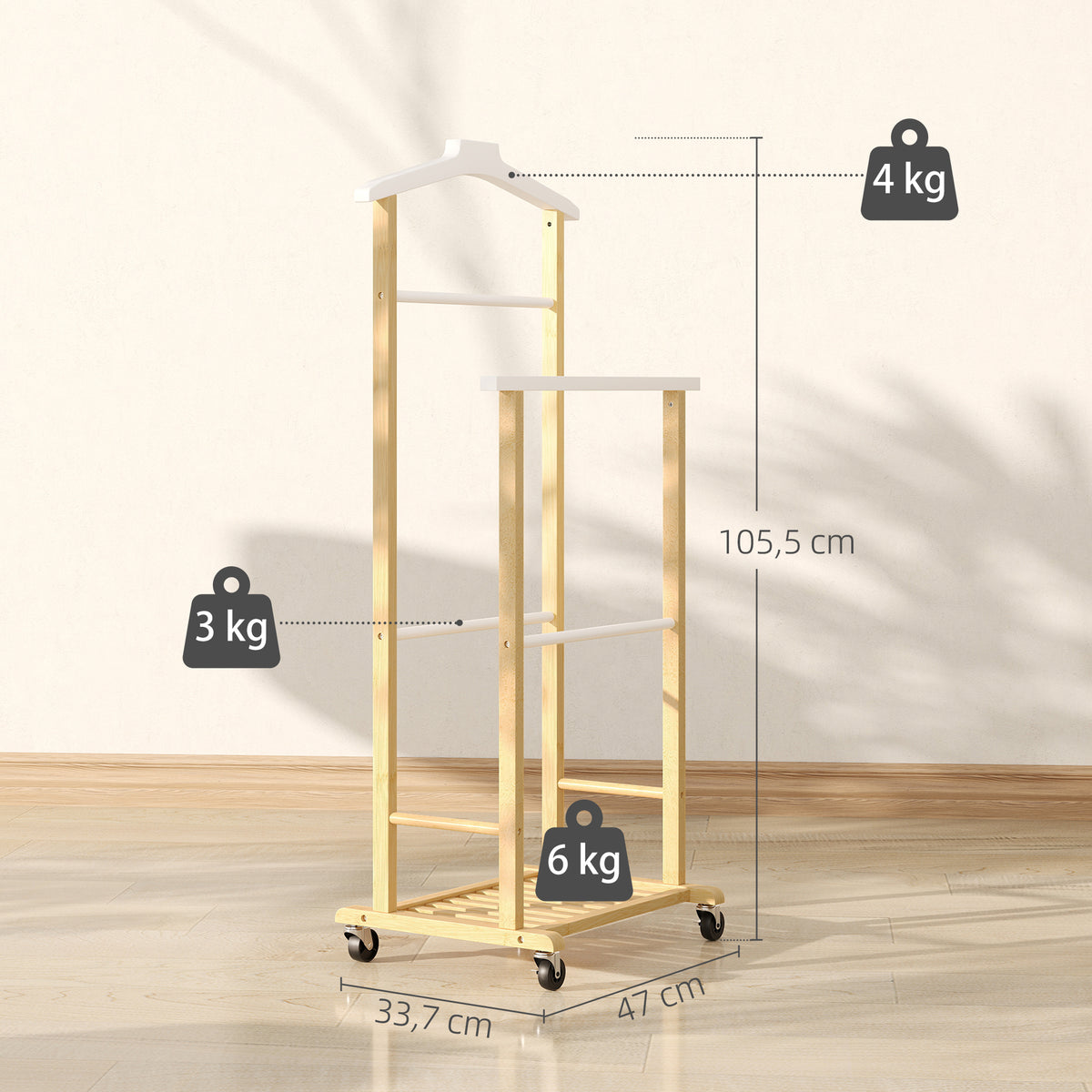 Valet de chambre à roulettes, portant à vêtements en bambou avec cintre intégré, tiges à pantalons et étagère, naturel-2