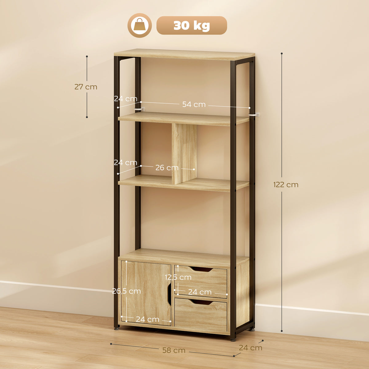 Bibliothèque style industriel 3 étagères placard porte 2 tiroirs 58 x 24 x 122 cm effet bois naturel acier noir-2
