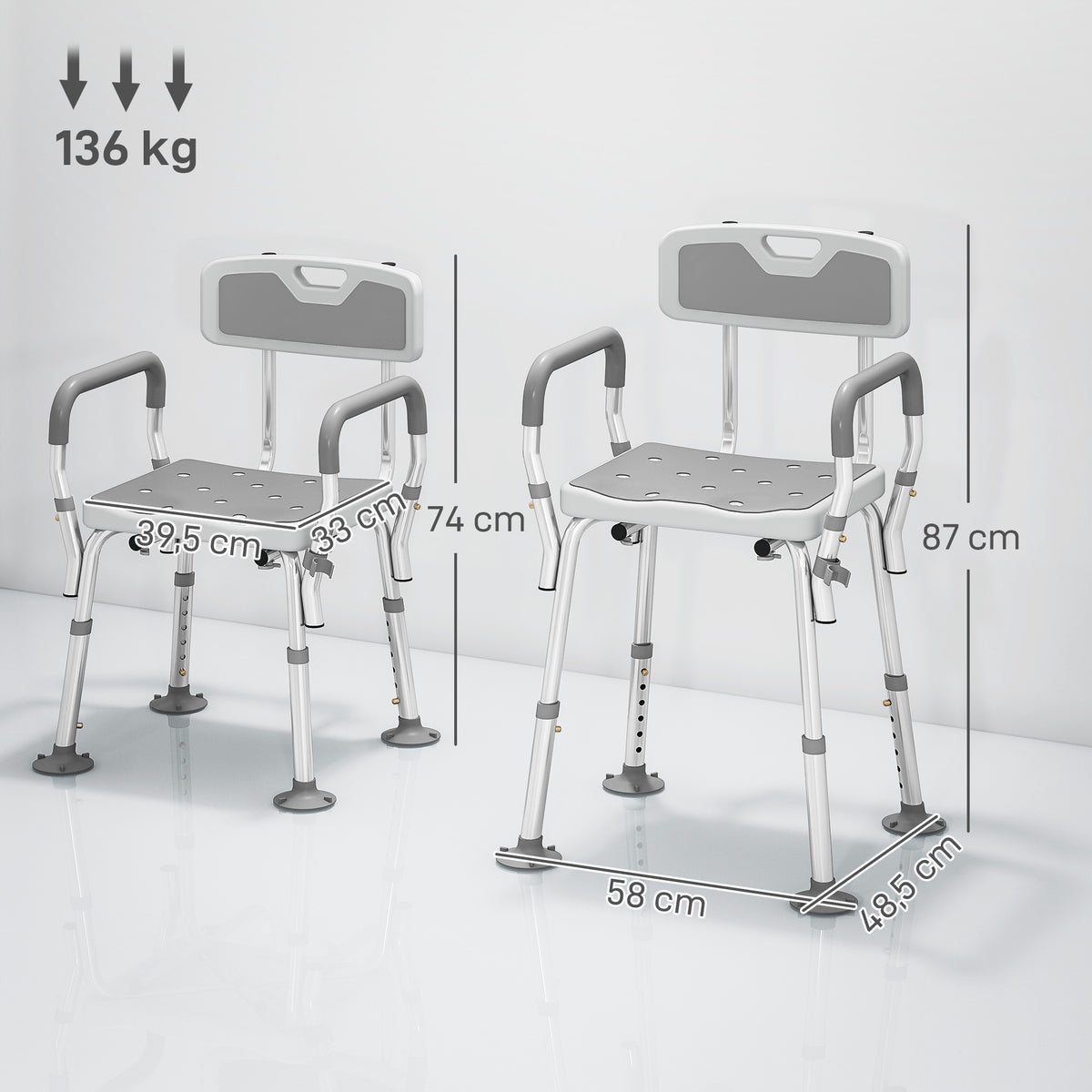 Tabouret de douche chaise de douche ergonomique hauteur réglable pieds antidérapants 56,5 x 53,5 x 87 cm blanc et gris-2