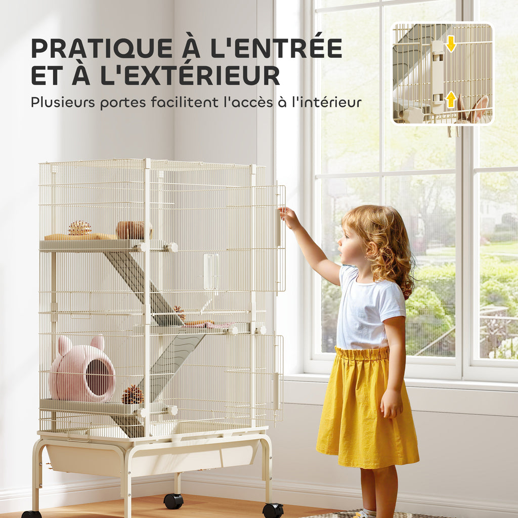 Cage pour lapin enclos à 4 niveaux avec 2 portes 3 rampes plateau profond roulettes 69 x 44 x 120 cm beige-5
