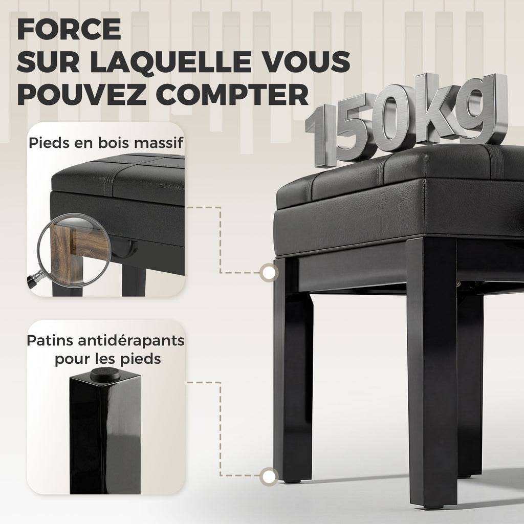 Banquette tabouret siège pour piano coffre intégré hauteur réglable bois hévéa assise revêtement synthétique noir-6