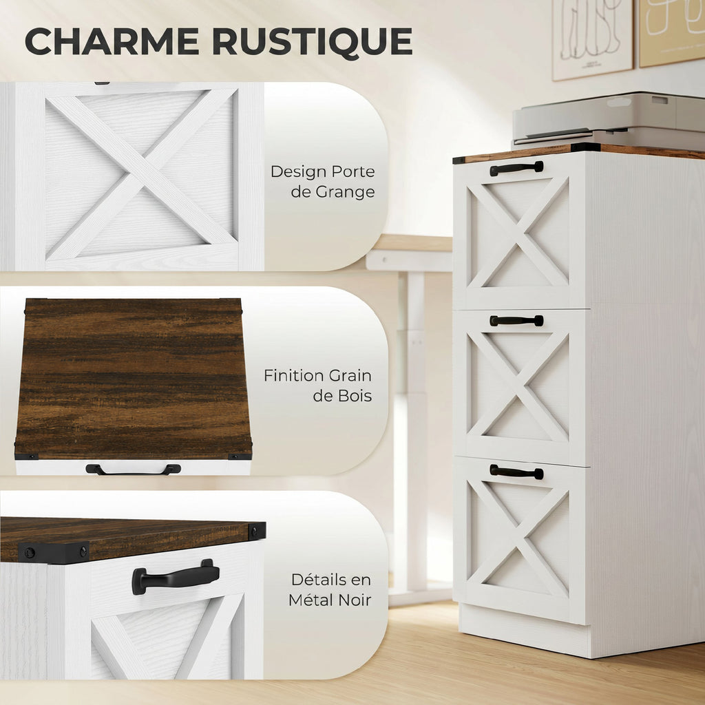 Caisson de Bureau avec 3 Tiroirs, Dossiers Suspendus pour Formats Lettre/A4, Style Rustique, 40x40x101cm, Blanc-3
