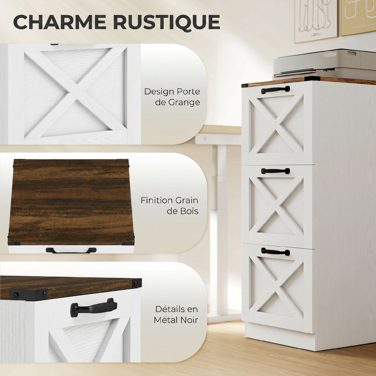 Caisson de Bureau avec 3 Tiroirs, Dossiers Suspendus pour Formats Lettre/A4, Style Rustique, 40x40x101cm, Blanc-3
