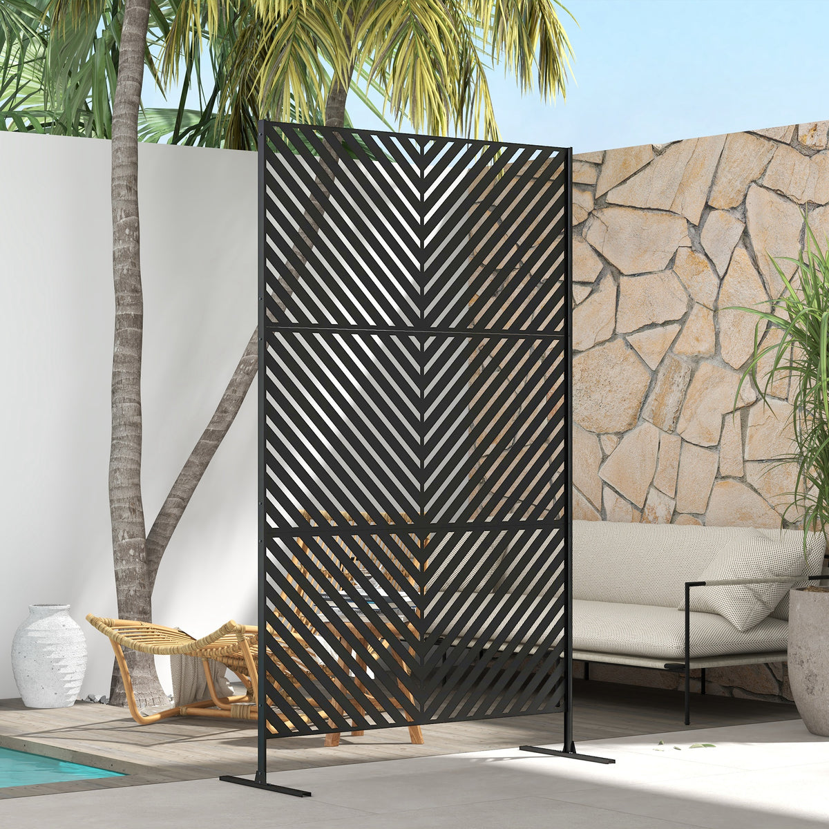 Panneau brise vue décoratif paravent extérieur à motif géométrique ajouré en métal - 122 x 45 x 198 cm, noir-6