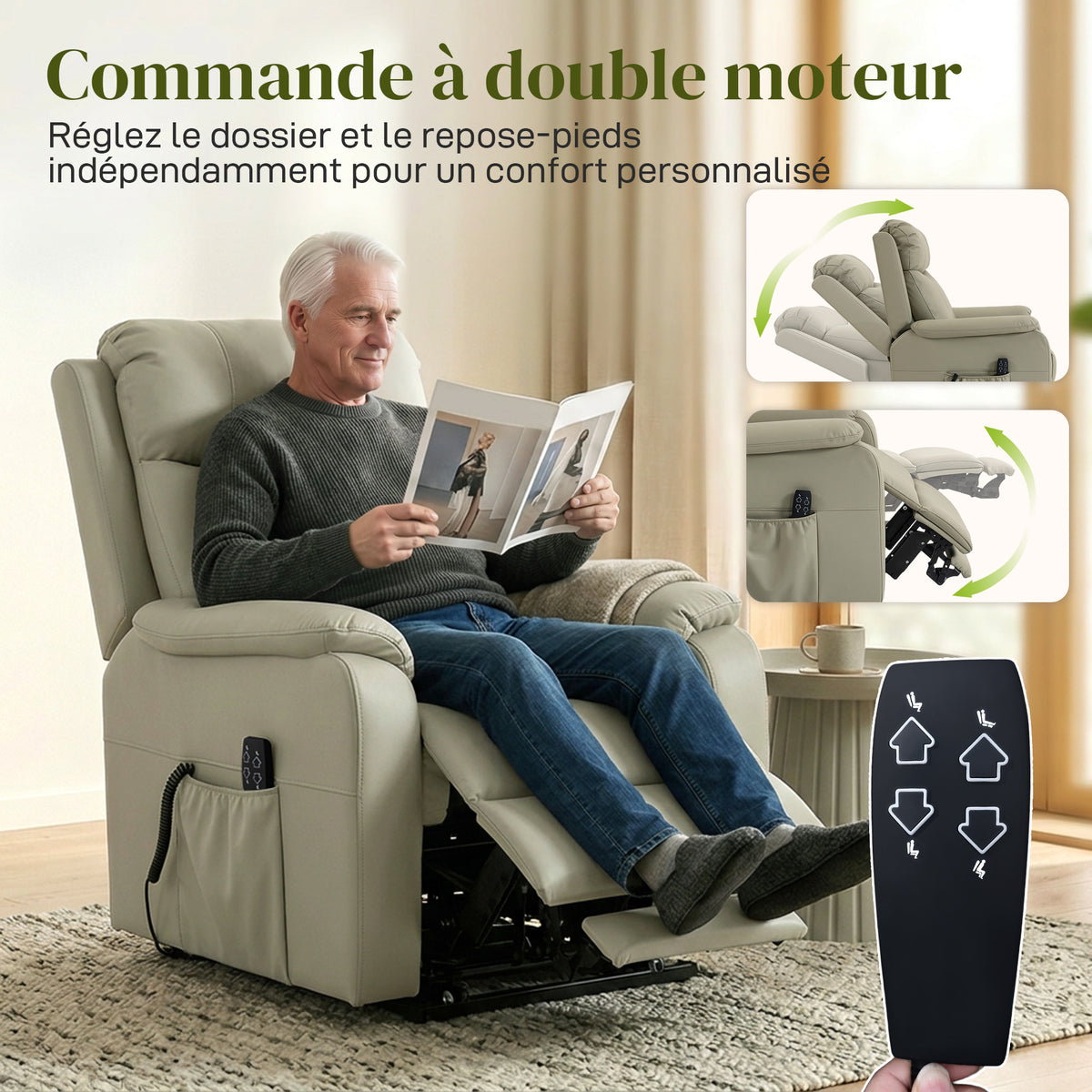 Fauteuil releveur électrique, fauteuil relax électrique, double moteur, dossier inclinable, 87x96x105cm, crème-6