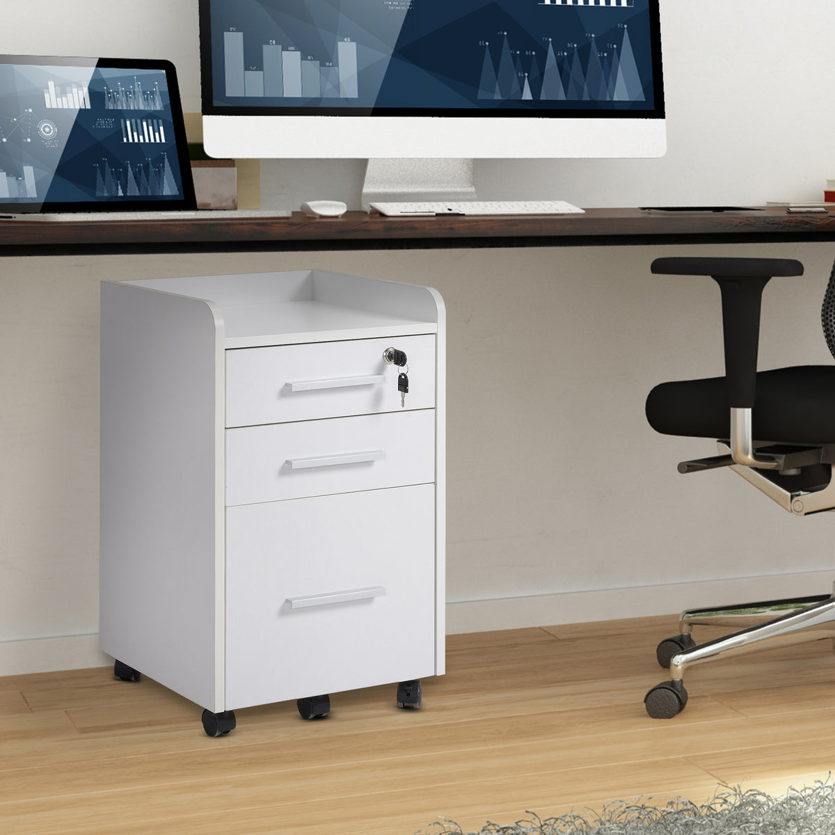 Caisson de bureau rangement bureau sur roulettes 3 tiroirs 1 verrouillable 1 trieur dossiers en bois blanc-7