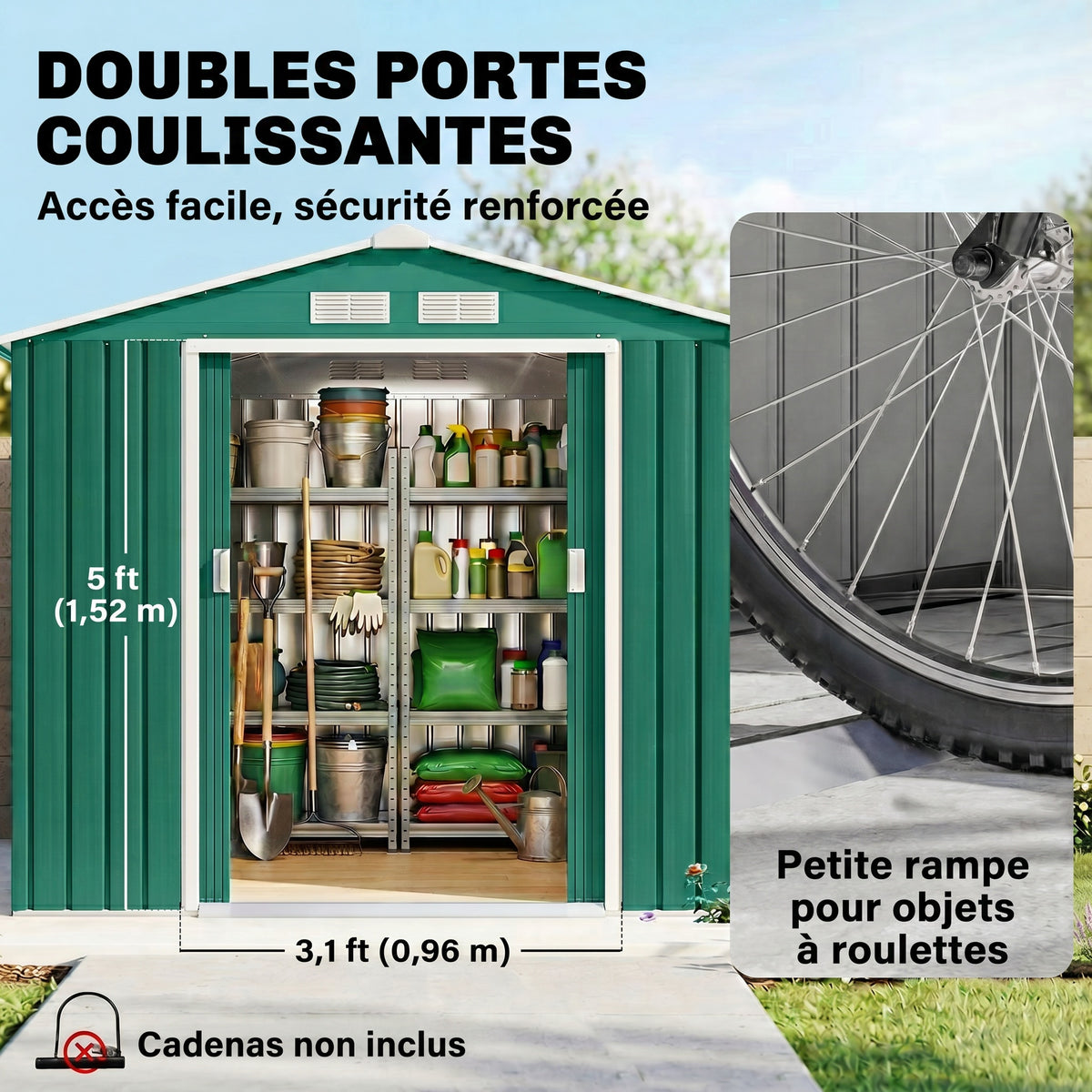 Abri de Jardin 2,42 m² - Remise pour Outils avec kit de fondation - cabanon Porte verrouillable - dim. 213L x 130l x 185H cm - tôle d'acier Vert-4