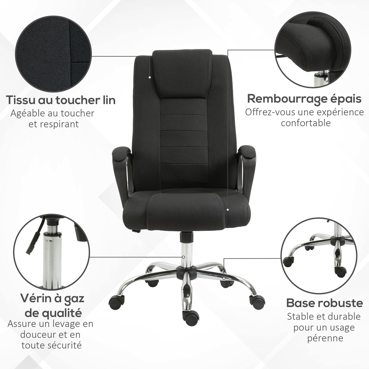 Fauteuil de bureau à roulettes chaise manager ergonomique pivotante hauteur réglable lin noir-4
