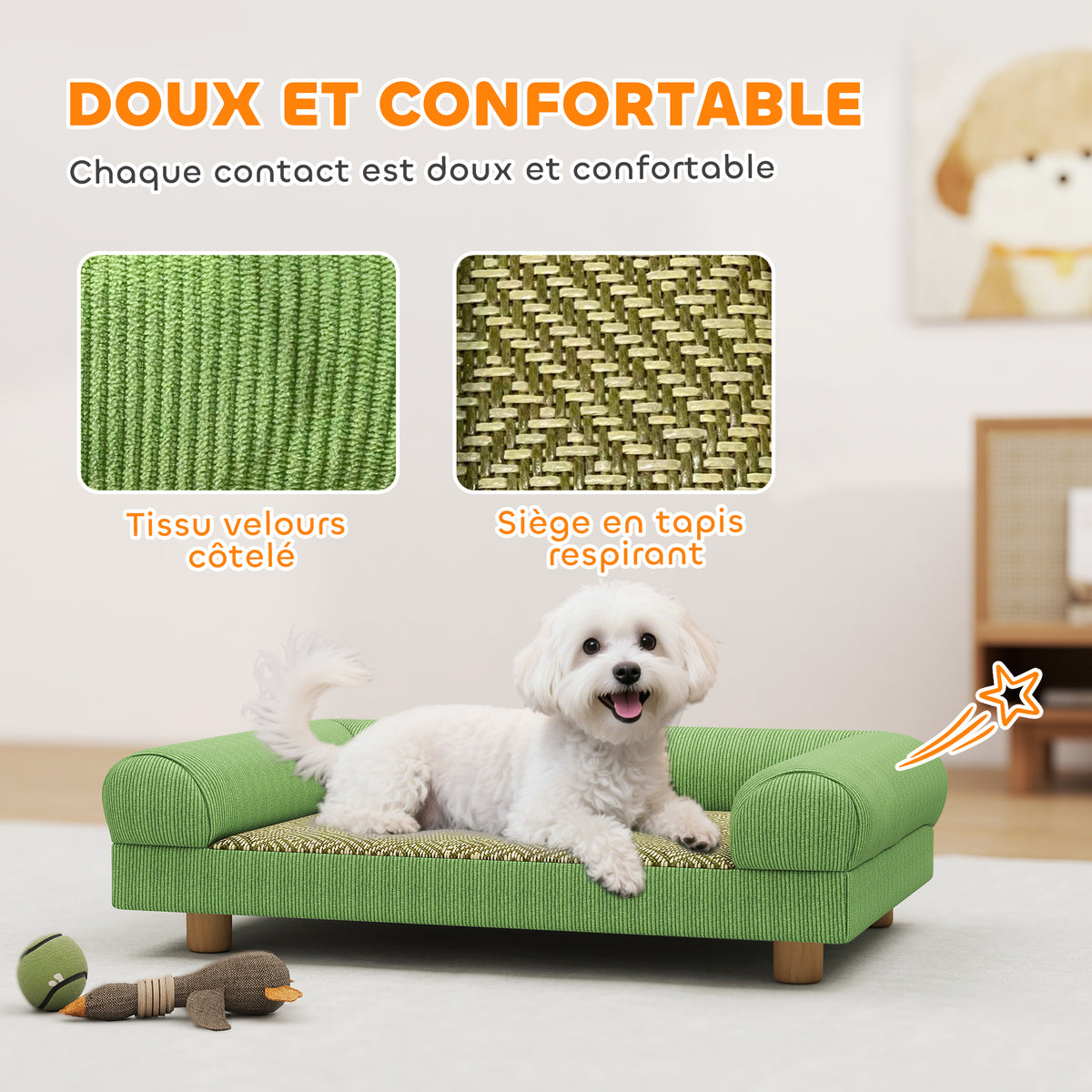 Canapé pour chien chat lit pour chien surélevé, assise de tapis frais, accoudoirs, en velours doux 63 x 41 x 17 cm, vert-3