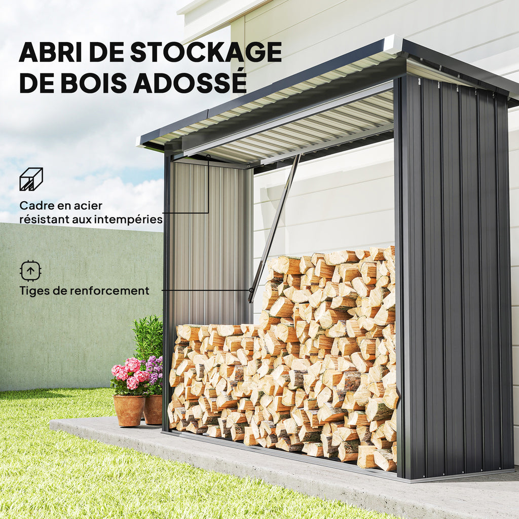 Abri-bûches couvert support pour bois de chauffage plancher surélevé toit incliné, acier galvanisé 213x66,5x150cm gris-3