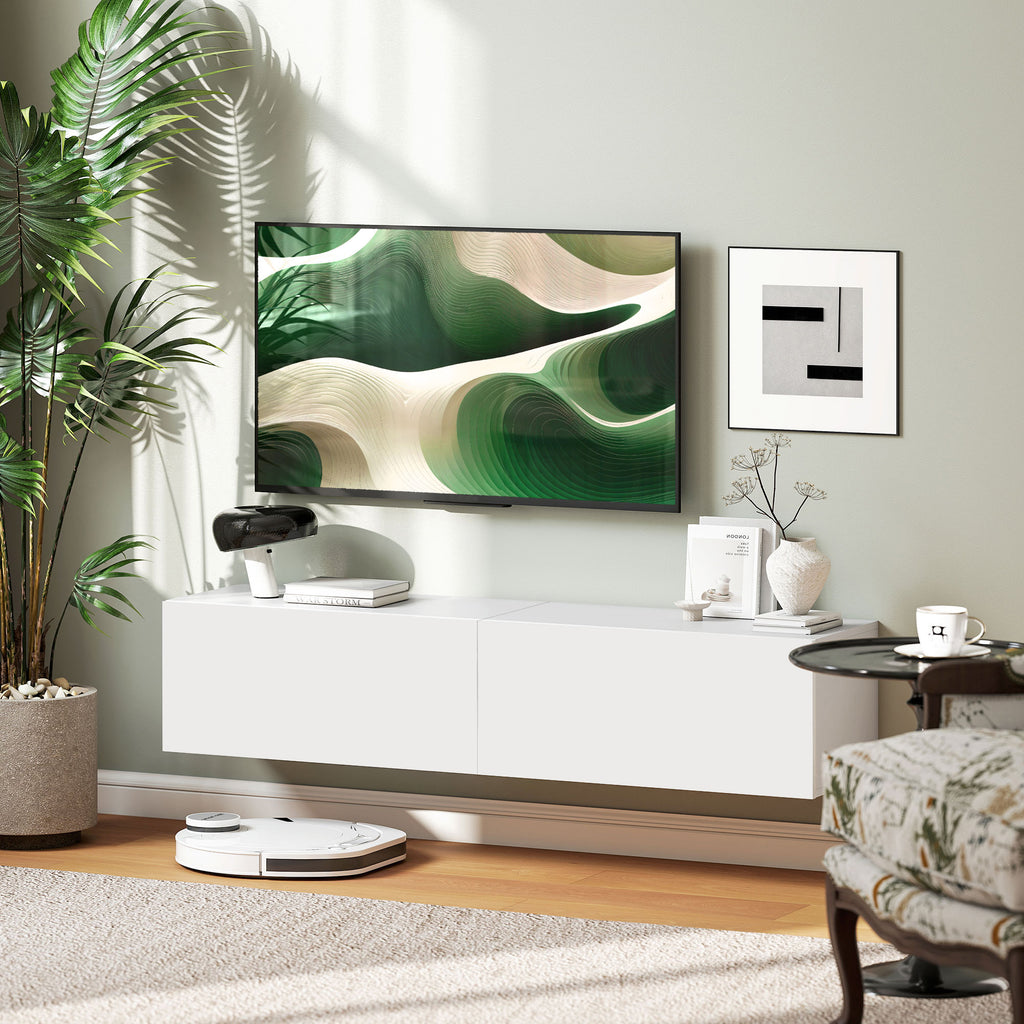 Meuble TV suspendu pour téléviseur jusqu'à 45 55 65 pouces avec 2 placards à portes, 140 x 33 x 29,8 cm, blanc-9