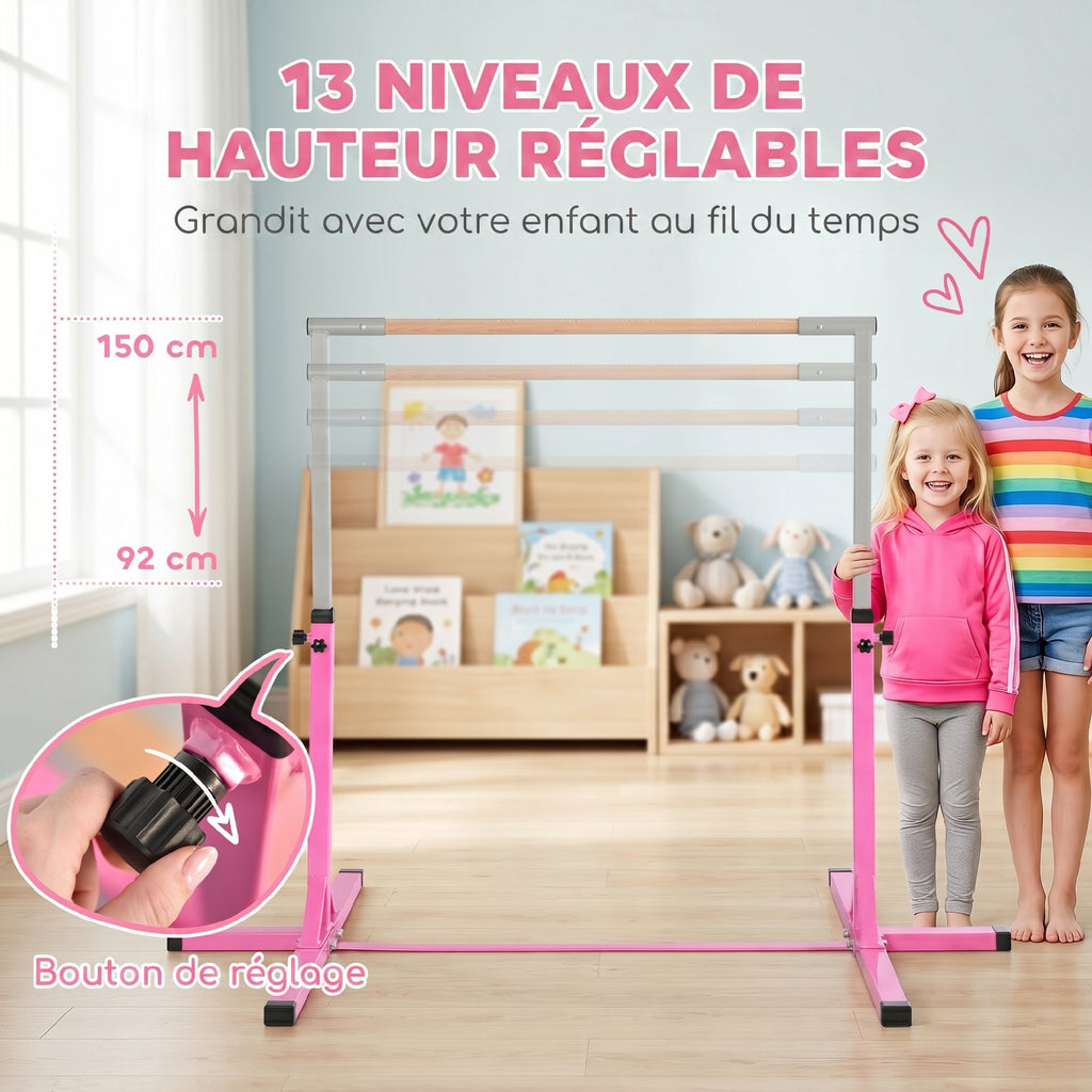 Barre Fixe de Gymnastique pour Enfant, Hauteur Réglable sur 13 Niveaux de 92-150 cm, en Acier et Bois de Hêtre, Barre de Gym d'Entraînement à Domicile, Antidérapant, Facile à Assembler, Rose-4