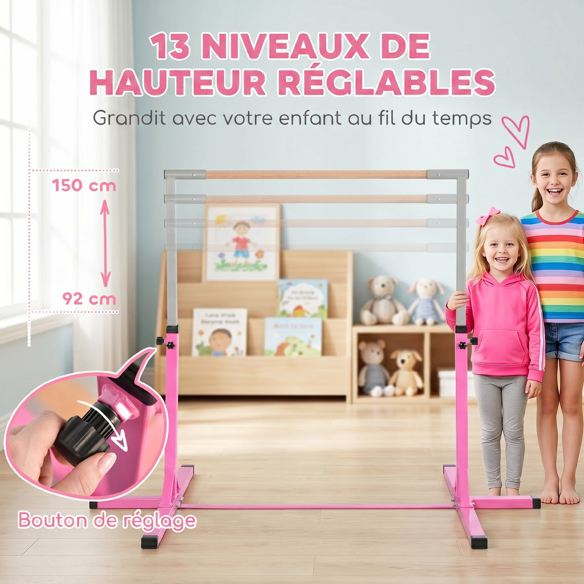 Barre Fixe de Gymnastique pour Enfant, Hauteur Réglable sur 13 Niveaux de 92-150 cm, en Acier et Bois de Hêtre, Barre de Gym d'Entraînement à Domicile, Antidérapant, Facile à Assembler, Rose-4