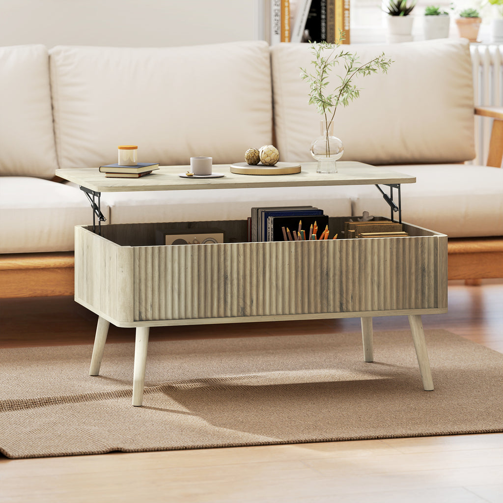 Table basse relevable, table de salon avec 2 compartiments cachés et pieds en pin, 91 x 56 x 43 cm, chêne-1