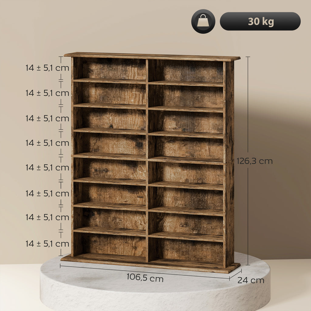 Rangements pour CD et DVD avec 16 compartiments et 12 étagères réglables capacité max. 720 CD/396 DVD et Blu-ray marron-2