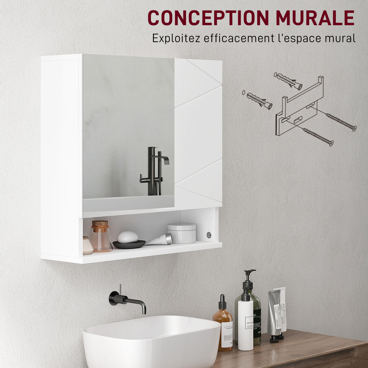Armoire murale miroir de salle de bain placard de rangement 2 portes 55 x 17 x 55 cm blanc-7