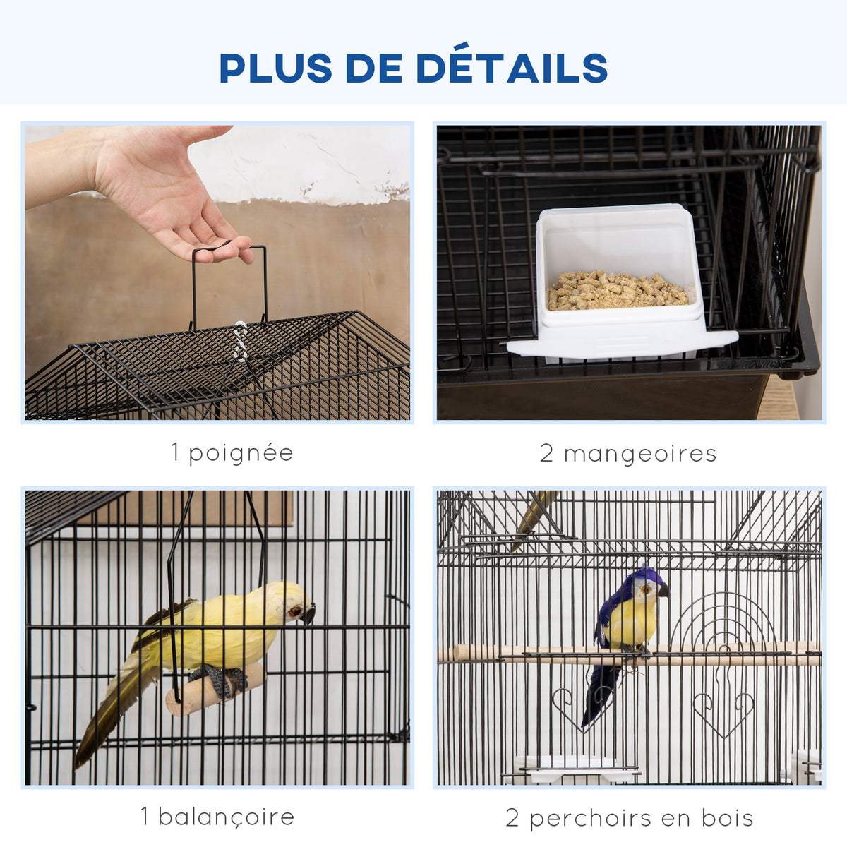 Cage à oiseaux design maison mangeoires perchoirs 3 portes plateau excrément amovible + poignée transport noir-3