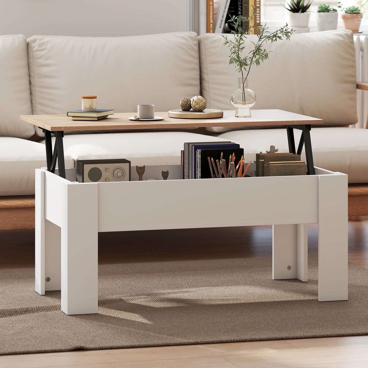 Table basse relevable, table de salon avec compartiment caché, style moderne, pour salon, bureau, 100x50x45cm, blanc-6