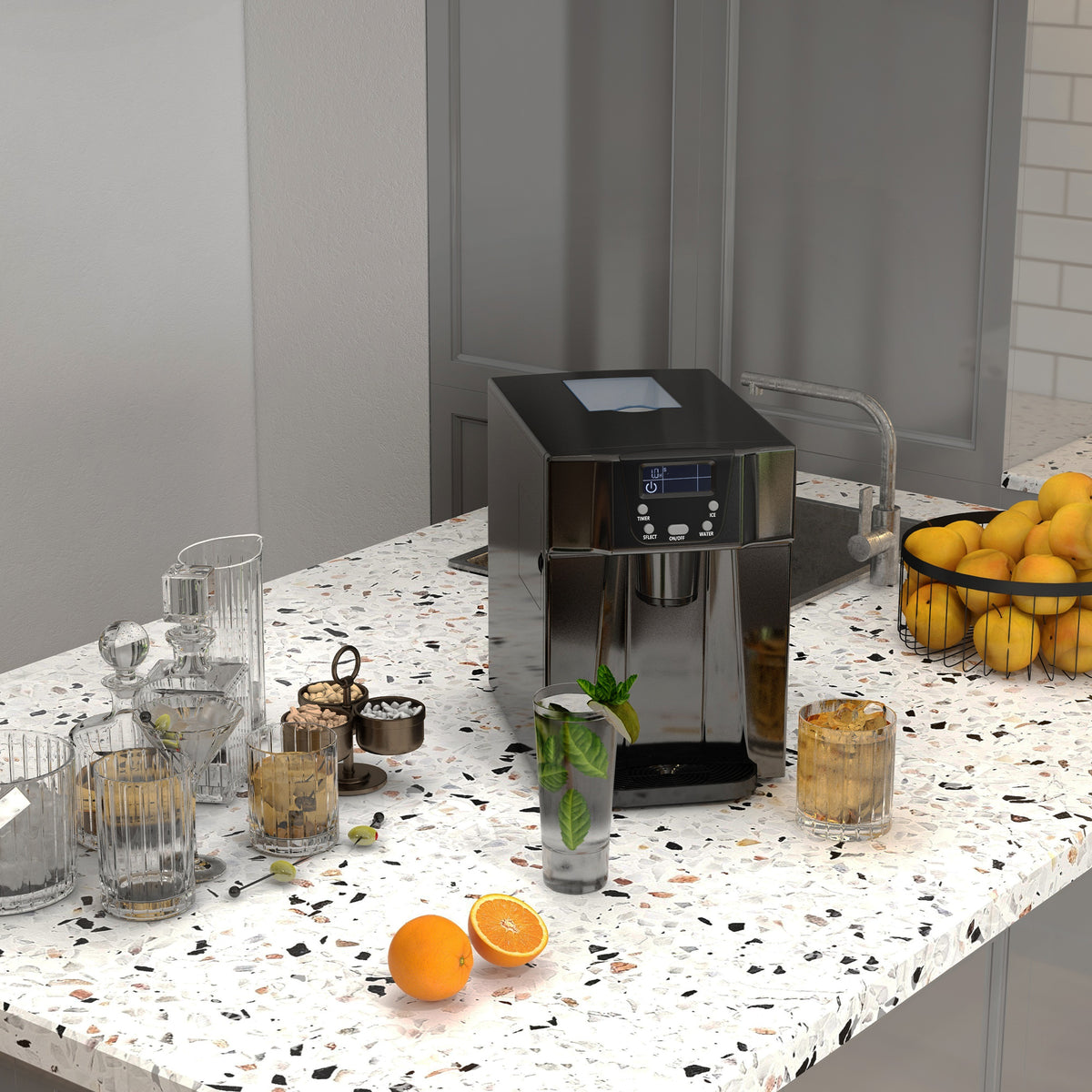 Machine à glaçons avec distributeur d'eau, ice maker, 12kg en 24h, 9 glaçons en 6-10 minutes, 25,2x38,9x36,3cm, noir-1