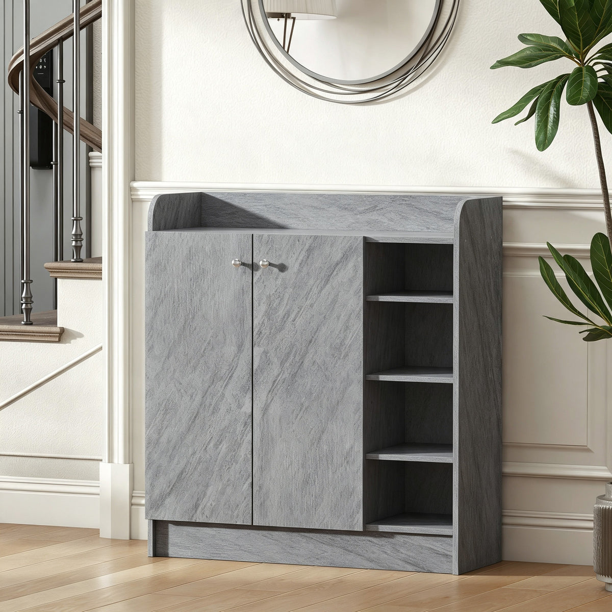 Meuble de rangement à chaussures pour entrée avec 4 compartiments ouverts et placard double porte - étagère réglable-1