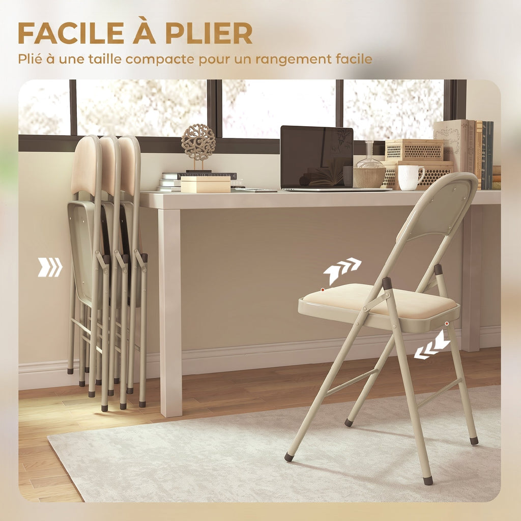 Lot de 4 chaises pliantes et portables intérieur avec assises et dossiers rembourrés en velours, cadre en acier, beige-5