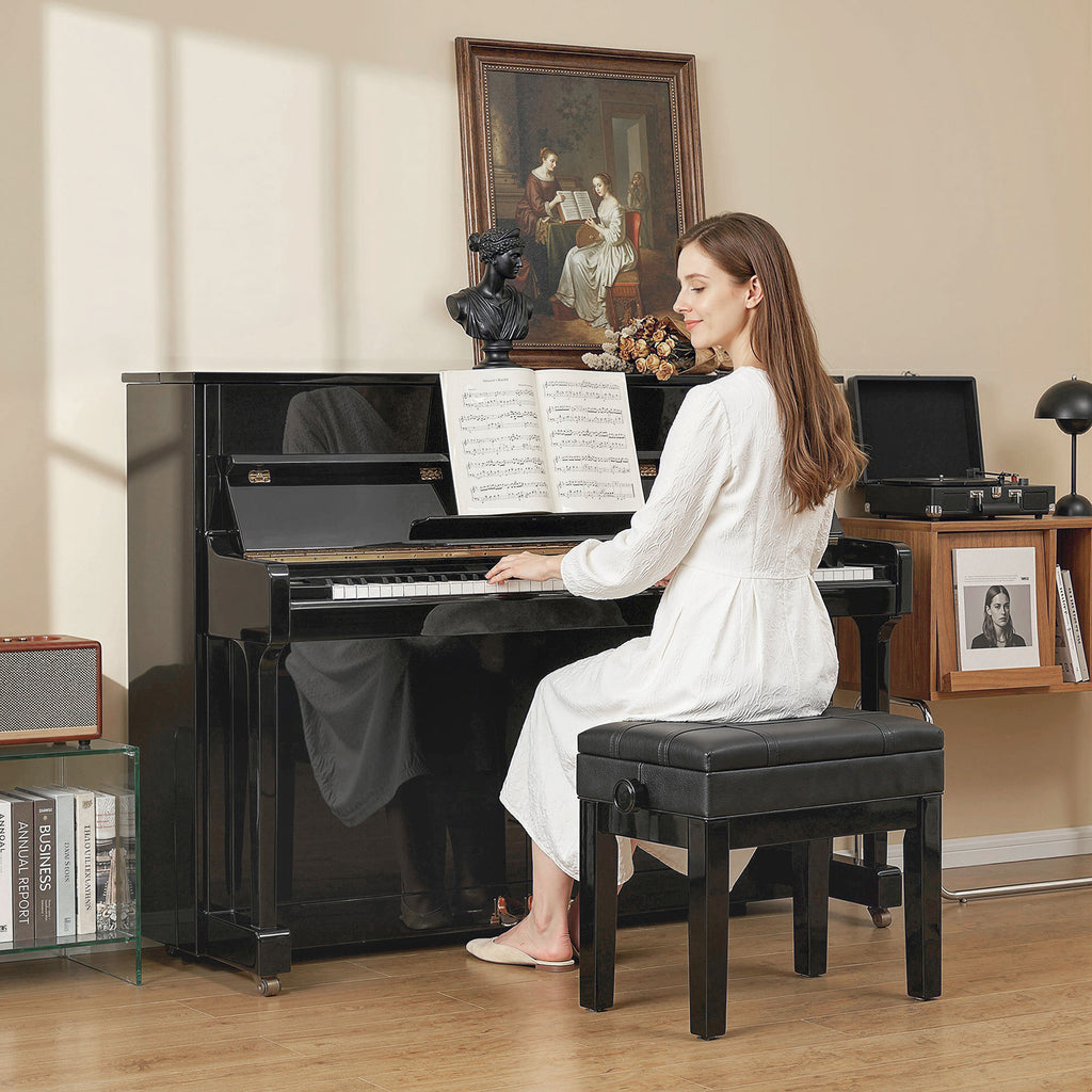 Banquette tabouret siège pour piano coffre intégré hauteur réglable bois hévéa assise revêtement synthétique noir-9